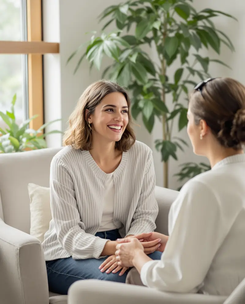 Licensed therapist providing behavioral health counseling session to patient in comfortable private office setting integrated mental health care