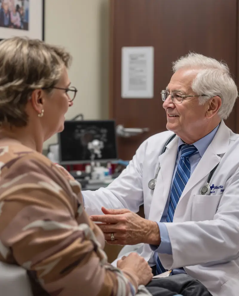 Healthcare professional providing chronic care management consultation to elderly patient reviewing health records and treatment plan