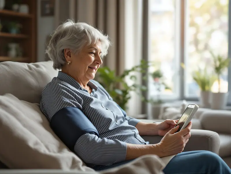 Senior patient using remote monitoring device at home checking vital signs with digital health technology for chronic care management