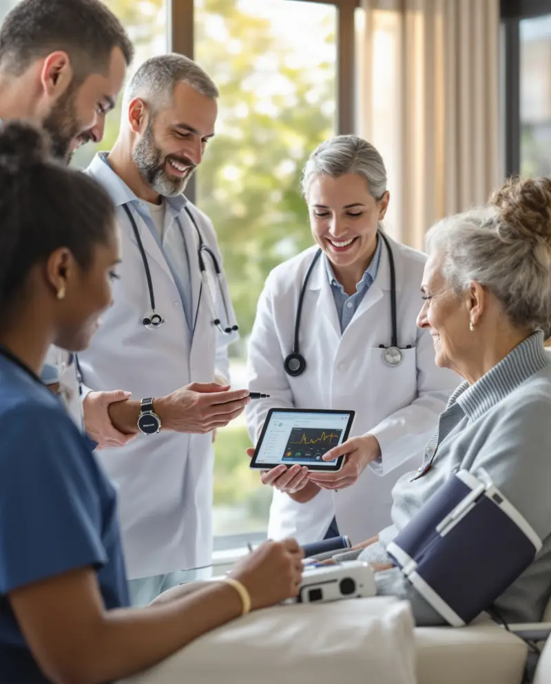 Patient using remote patient monitoring device at home checking blood pressure with digital health technology connected to healthcare provider